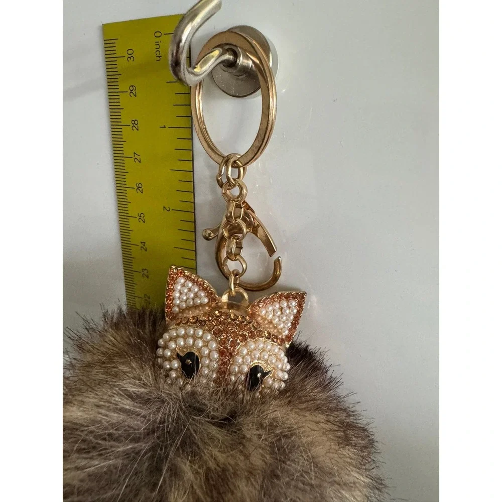 Gold Tone Fox Faux Fur Pom Pom Bag Charm Keychain Rhinestone Pearl Brown Tan